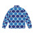 Blue puffer jacket with a vintage London Underground train seat cover design - Back
