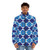 Blue puffer jacket with a vintage London Underground train seat cover design - men front