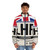 London Heathrow Airport Puffer Jacket featuring airline luggage tag design - men front