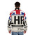London Heathrow Airport Puffer Jacket featuring airline luggage tag design - men back