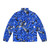 Blue puffer jacket with a colorful, repeating building blocks pattern inspired by Lego - Back