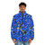 Blue puffer jacket with a colorful, repeating building blocks pattern inspired by Lego - men front