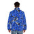 Blue puffer jacket with a colorful, repeating building blocks pattern inspired by Lego - men back