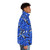 Blue puffer jacket with a colorful, repeating building blocks pattern inspired by Lego - men side right