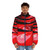 Red latex fantasy puffer jacket with slippery, wet look - men front