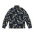 Lino print blue puffer jacket with Australian banded bee design - Back
