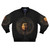 A bomber jacket featuring the iconic image of Medusa, the gorgon from Greek mythology, in a Caravaggio-style realist painting.