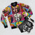 Marilyn Monroe-inspired pop art bomber jacket with abstract, colorful design - Flat lay