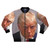 Bomber jacket featuring a graphic design of Donald Trump's mugshot