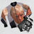 Bomber jacket featuring a graphic design of Donald Trump's mugshot - Flat lay