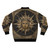 A bomber jacket featuring a golden Apollo sun god design on a Greek key ornament pattern. - Back