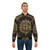 A bomber jacket featuring a golden Apollo sun god design on a Greek key ornament pattern. - Lifestyle