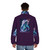 Puffer jacket with a vibrant, intricate design featuring a mythical creature in a fantasy forest setting - men back