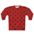 A model wearing a cozy ladybug-themed sweatshirt