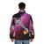 Laser cat puffer jacket floating in space against a backdrop of planets and stars - men back