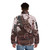 A cozy puffer jacket with a nature-inspired design featuring a mountain landscape, wildlife, and botanical elements - men back
