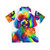 A colorful Hawaiian shirt featuring a poodle in a rainbow print design