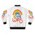 LGBTQ pride-themed bomber jacket with rainbow colors and "Love Wins" text - Back
