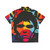Ian Brown wearing a colorful Hawaiian shirt featuring pop art designs - Back