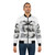 Woman wearing a colorful, graphic-designed bomber jacket with a bold "Girls Love Blunts" print. - Lifestyle