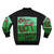 "Don't Hug Me I'm Scared" inspired bomber jacket in green color, featuring the iconic quote "Green Is Not a Creative Color" - Back
