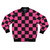 A stylish black and pink checkerboard pattern bomber jacket with a geometric design.