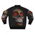 A colorful and electric bomber jacket featuring a multi-colored sugar skull design, perfect for celebrating Dia de los Muertos. - Back