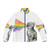 A colorful and whimsical puffer jacket featuring a kitten puking a vibrant rainbow pattern