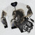 Black bomber jacket with a rearing black stallion design - Flat lay