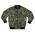 Camouflage dinosaur military-style bomber jacket