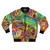 A vibrant and colorful bomber jacket featuring a psychedelic chameleon design.
