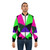 Neon green, pink, and purple color block bomber jacket with a retro 80s style and trippy, vibrant design. - Lifestyle