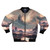 A bomber jacket featuring a cosmic fantasy sci-fi landscape graphic design.