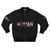 Colorful queer pride bomber jacket with various LGBTQIA+ flags