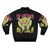 A unique and whimsical bomber jacket featuring a goblin-inspired design with skulls, bones, and a jackalope-like creature, perfect for fans of fantasy and roleplaying games. - Back