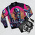 Synthwave Terminator Vector Graphic Bomber Jacket with vivid colors and cyberpunk futuristic design - Flat lay