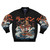 A black bomber jacket with a retro Japanese anime-inspired ramen design featuring a wave, kaiju monster, and bold colors.