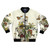 A bomber jacket featuring a skeleton and botanical artwork in a traditional art style.