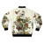 A bomber jacket featuring a skeleton and botanical artwork in a traditional art style. - Back