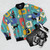 Retro atomic cat pattern bomber jacket with a cool, cute, and funny design - Flat lay