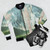 Vintage bomber jacket featuring the Dream statue by artist Jaume Plensa in St Helens, Merseyside - Flat lay