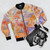 Paul Klee inspired "Red Balloon" bomber jacket with childlike, cubist art design - Flat lay
