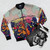 Colorful abstract bomber jacket inspired by Kendrick Lamar's 'To Pimp a Butterfly' album - Flat lay