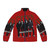 A red puffer jacket with the iconic Kiss band logo and makeup design