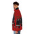 A red puffer jacket with the iconic Kiss band logo and makeup design - men side left