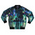 Cyberpunk-inspired bomber jacket featuring a rainy cityscape of Tokyo at night with neon lights, skyscrapers, and a dystopian, vaporwave-esque atmosphere.