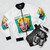 Turquoise bomber jacket with Andy Warhol's iconic Marilyn Monroe pop art design - Flat lay
