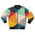 Colourful geometric triangles bomber jacket with a contemporary, minimalist design