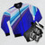 Retro 70s disco-inspired bomber jacket with colorful streaks of light pattern - Flat lay