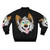 A happy, smiling wolf cartoon design on a bomber jacket. - Back